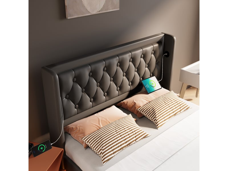  Lit coffre 160x200 cm noir avec led, usb, tête capitonnée et rangement  - Conforama D