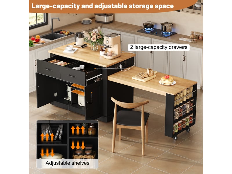  Desserte de cuisine extensible 132x60x93 cm – noire – table coulissante, rangements et prises usb  - Conforama E