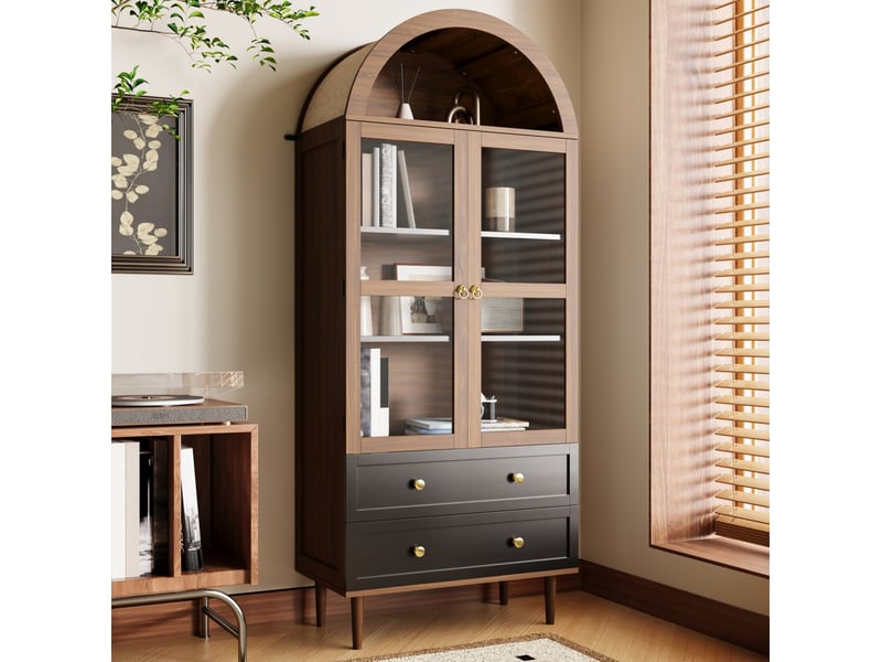  Buffet haut rétro en mdf et verre noyer foncé 70 x 38 x 168 cm  - Conforama B