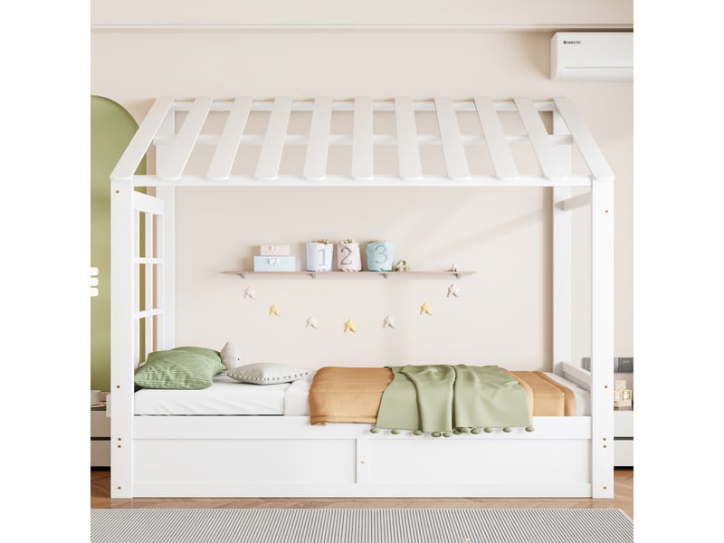  Lit coffre 90x200 cm coloris blanc bois massif  - Conforama D