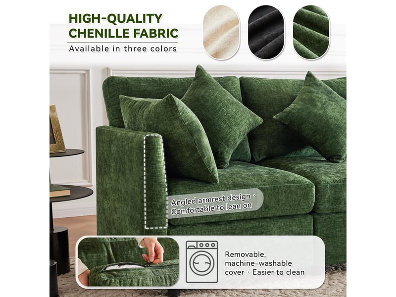 Canapé d’angle modulable ul 278 x 161 x 81 cm, 4 à 6 places, 2 poufs mobiles, 6 coussins, assise profonde, tissu chenille - vert - Conforama E