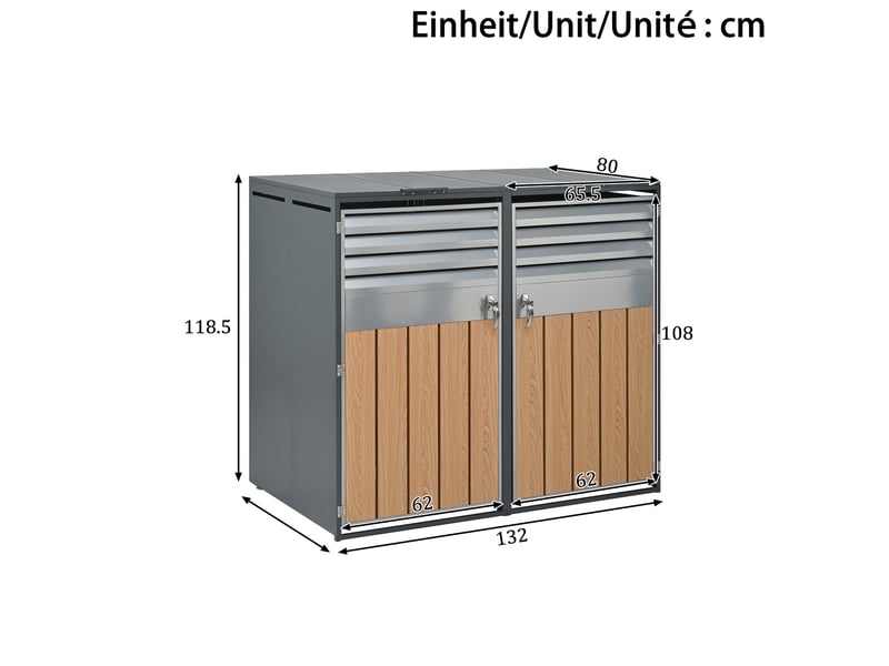  Abri pour poubelles extérieur 2 compartiments en acier gris avec portes verrouillables et couvercles hydrauliques  - Conforama C