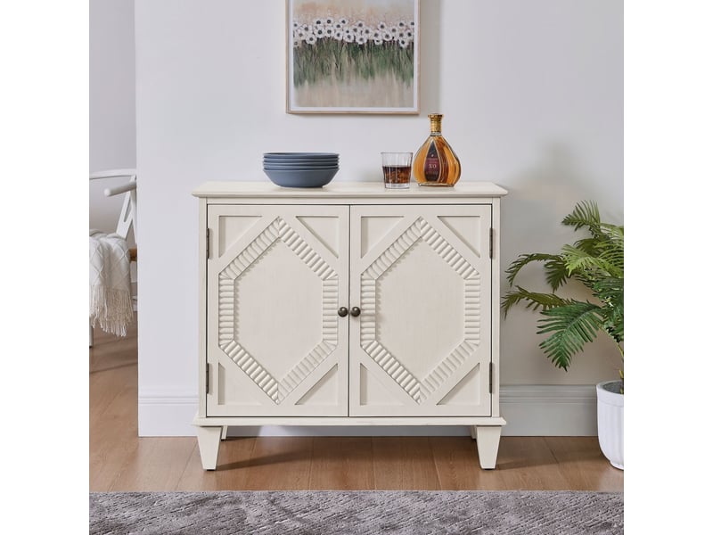  Buffet 33,6 rangement intégré vitrines symétriques accents géométriques bois blanc antique console multimédia  - Conforama B