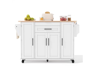 Desserte mobile de cuisine 136x70x92 cm blanc et naturel en mdf, plateau extensible et rangement à roulettes
