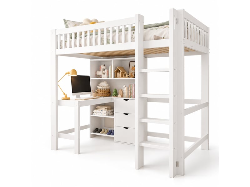  Lit mezzanine enfant 90 x 200 cm en bois avec bureau, étagères, 3 tiroirs, échelle et garde-corps, gain de place, blanc  - Conforama A