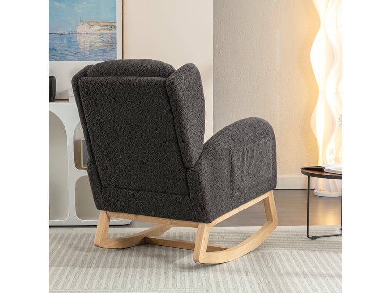  Fauteuil à bascule moderne avec revêtement en tissu effet peluche, dossier à oreilles, assise rembourrée, gris foncé  - Conforama D