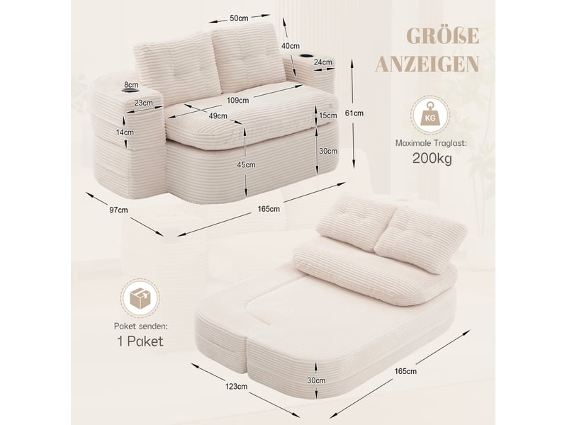  Canapé convertible modenvie 2-en-1 en velours côtelé beige 165 x 97 x 61 cm  - Conforama C