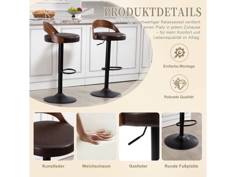  Tabourets de bar lot de 2 pivotants 360° réglables en hauteur - lpospi - dossier courbé, repose-pieds, simili cuir marron  - Conforama E
