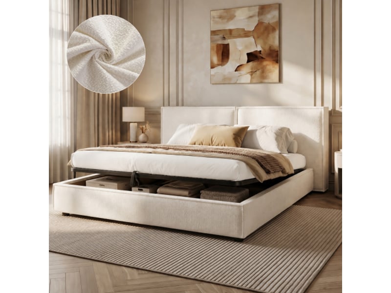 Lit double 180x200 cm capitonné avec mécanisme hydraulique, sommier à lattes et tête de lit rembourrée en bouclé blanc  - Conforama B