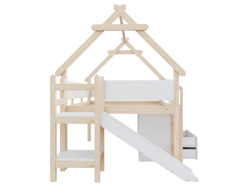  Lit mezzanine enfant, lit simple 200×90 cm avec toboggan, rangements et barrières, sans matelas, blanc et naturel  - Conforama E