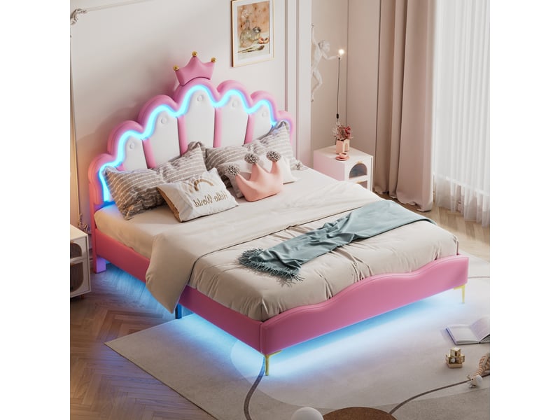 Lit enfant 140x200 cm avec led et tête couronne, similicuir, rose, sans matelas - Conforama W