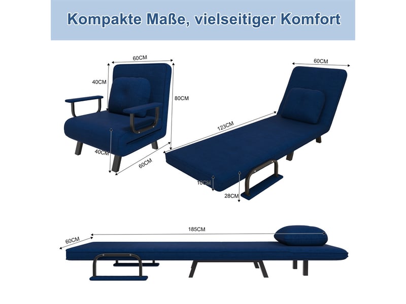  Fauteuil de relaxation convertible 60 x 60 x 80 cm – dossier réglable 5 positions lit 180° – chenille – bleu  - Conforama C