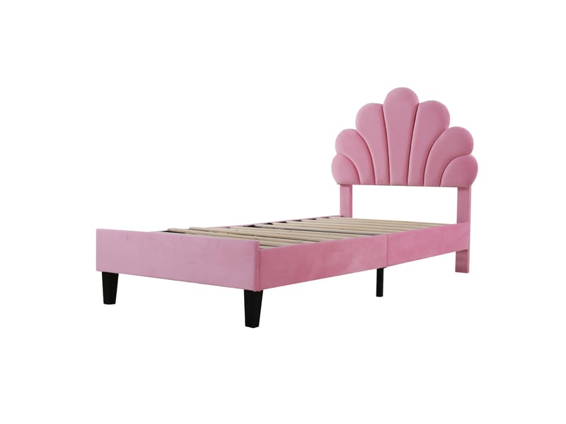  Lit enfant 90x200 cm en velours rose, tête de lit fleur, sommier à lattes, lit d’appoint  - Conforama E