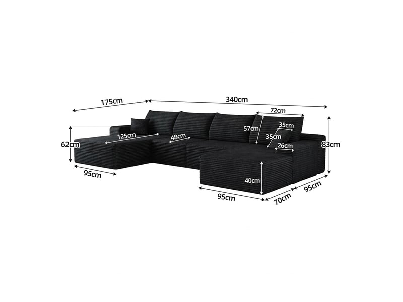  Canapé d’angle modulable 5 places, velours côtelé noir, 340 cm, assise profonde  - Conforama C