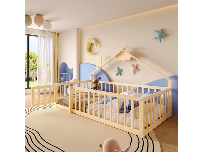  Lit simple plat, 90 x 190 cm, barrière de sécurité, barrière avec verrou, bois de pin, naturel  - Conforama C