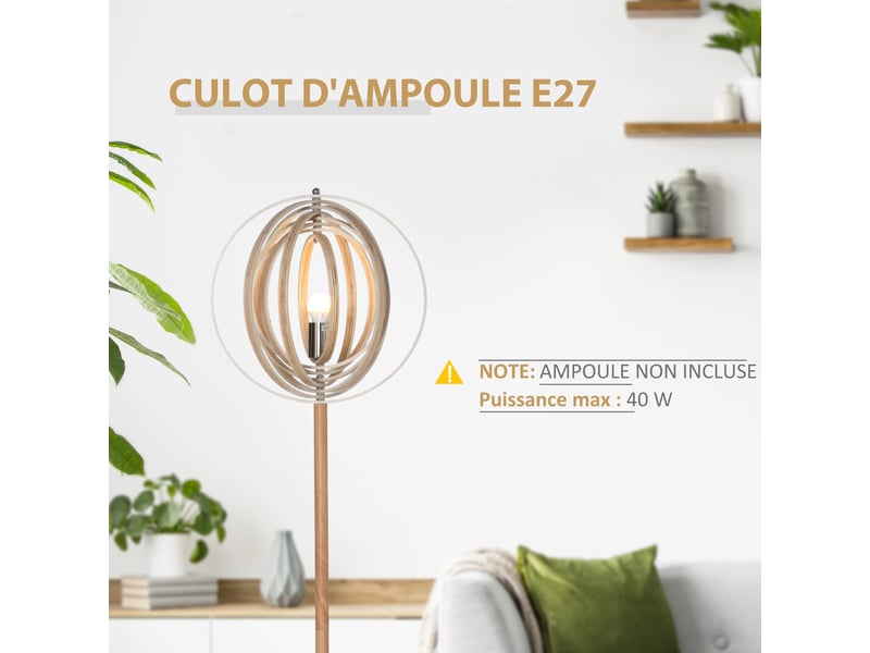  Lampadaire sur pied circulaire 40 w max. Bois abat-jour naturel clair dim.  38 x 160 cm  - Conforama A