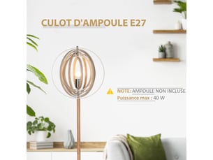 Lampadaire sur pied circulaire 40 w max. Bois abat-jour naturel clair dim.  38 x 160 cm