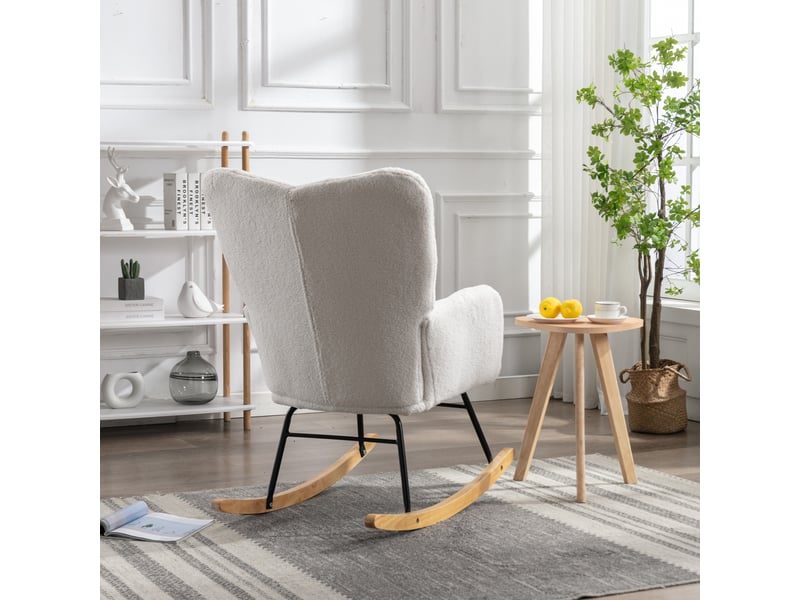  Fauteuil à bascule blanc en tissu teddy, rocking chair moderne capitonné pour salon et chambre, pieds bois  - Conforama E