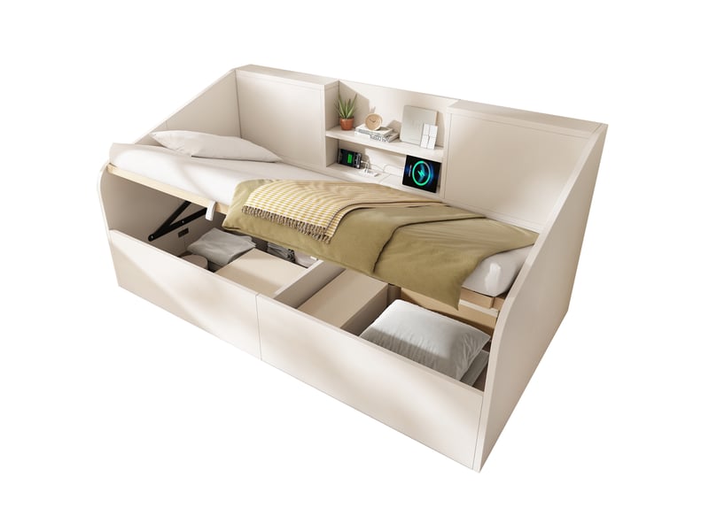  Lit banquette 90x200 cm – blanc – rangement hydraulique, étagères et station usbusb-c – sans matelas  - Conforama A
