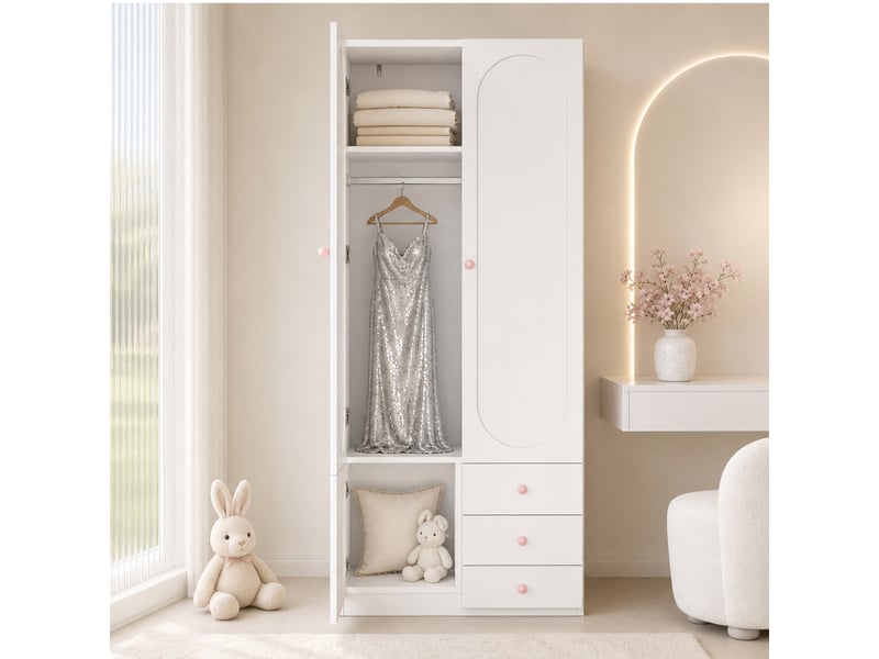  Armoire enfant 2 portes avec tiroirs, penderie, mdf blanc, poignées en céramique rose, finition laquée  - Conforama E
