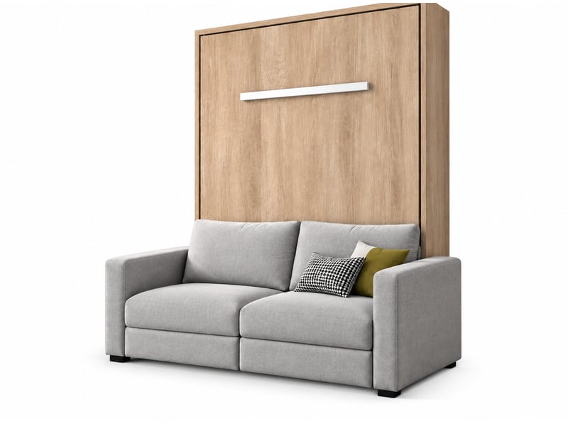  Lit escamotable vertical kimber avec canapé tissu intégré – le salon le jour, un vrai lit la nuit-120x200-cadre chêne clair-façade chêne clair-canapé gris clair  - Conforama A