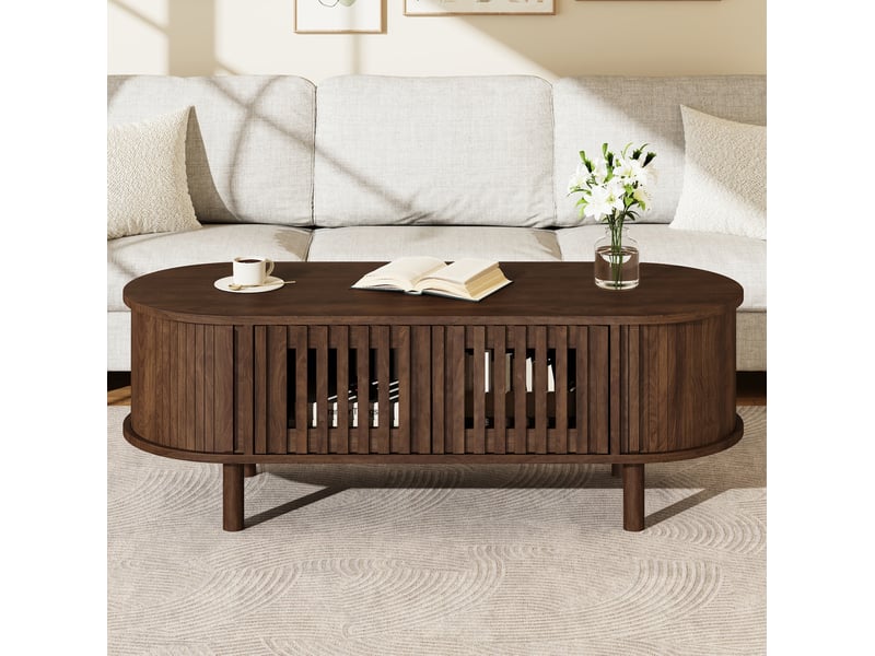 Table basse ovale 100 x 40 x 38 cm noyer mdf, 2 portes à lamelles, porte coulissante et rangement  - Conforama B