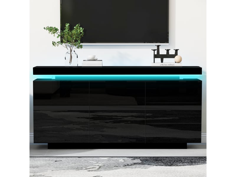  Buffet noir brillant 140x35x73 cm, 2 portes, 3 tiroirs, éclairage led intégré, design sans poignée  - Conforama B