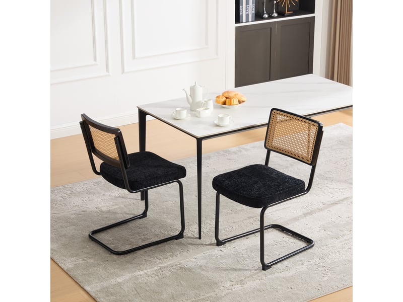  Lot de 2 chaises de salle à manger 47x58x86cm - cushion for kitchen, living room, bedroom - synthetic cane back &amp; chenille seat - metal frame - noir  - Conforama D