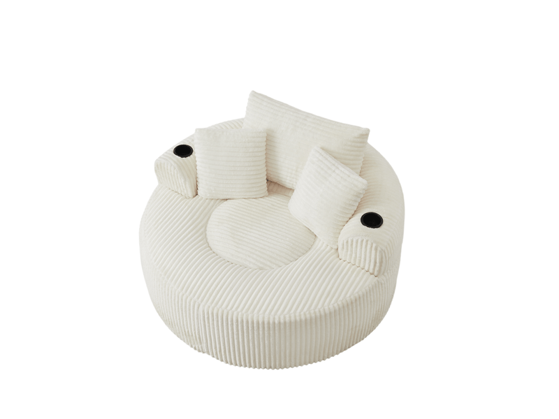  Fauteuil lounge rond 1 place en velours côtelé – beige – 3 coussins, porte-gobelets et poches latérales  - Conforama A
