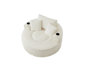 Fauteuil lounge rond 1 place en velours côtelé – beige – 3 coussins, porte-gobelets et poches latérales