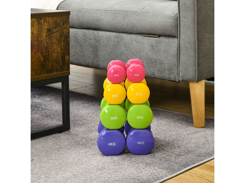Ensemble 8 haltères hexagonales 20 kg (4 paires : 4321 kg), néoprène antidérapant, domicile, multicolores. - Conforama C