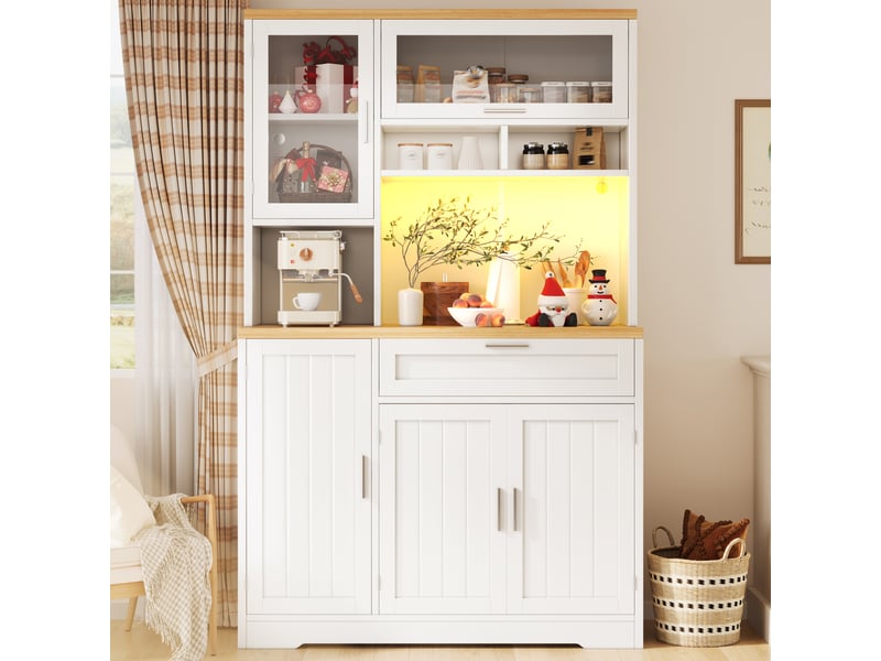  Armoire de cuisine avec éclairage led, meuble vitrine blanc et noir, vaisselier haut 180 cm, rangement mdf  - Conforama B