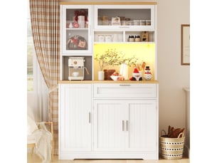 Armoire de cuisine avec éclairage led, meuble vitrine blanc et noir, vaisselier haut 180 cm, rangement mdf