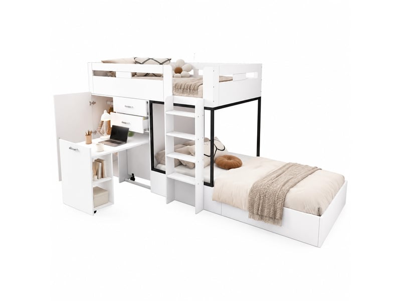  Lit superposé, 90x200 cm, mobilier enfant, avec bureau escamotable, garde robe, matelas non inclus, mdf, coloris blanc  - Conforama A