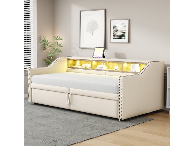  Modenvie banquette lit gigogne 90180x200 cm - rangement lateral, led et port usb, matelas inclus - beige  - Conforama E