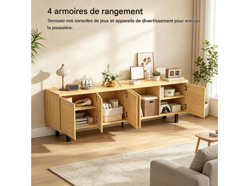  Meuble tv 4 portes push-to-open effet bois et métal 180 x 35 x 55,5 cm T5828S00065 - Conforama E