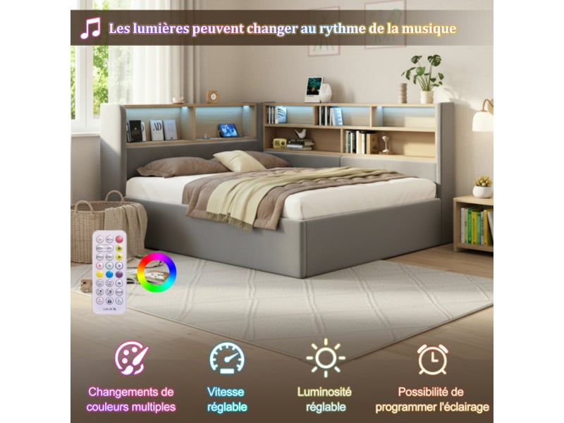  Lit de jour 140x190 cm - canapé-lit velours gris, rangement hydraulique, led, usb, dossier réglable  - Conforama E