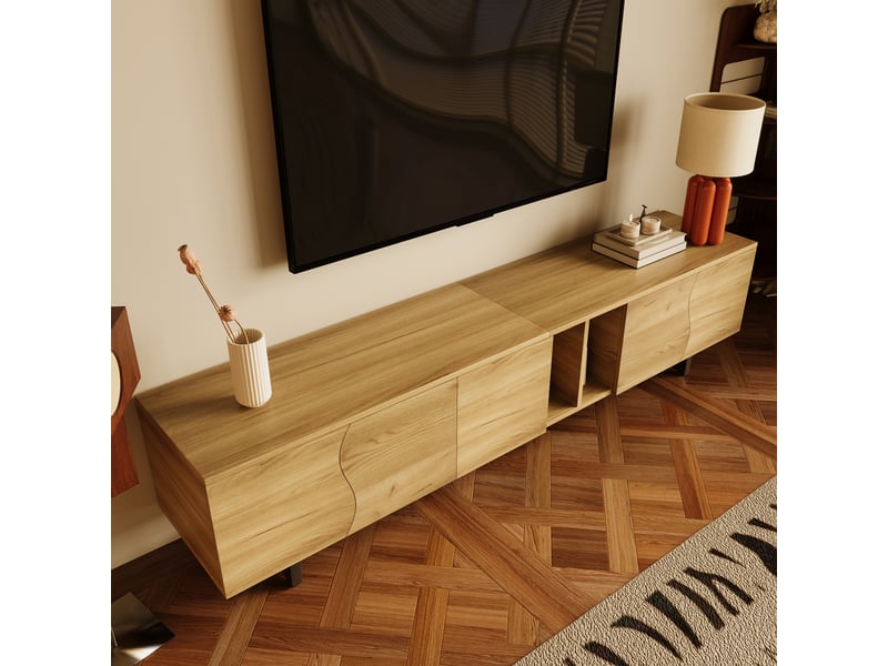  Meuble tv bois naturel 191 cm avec portes incurvées et rangement banc tv design minimaliste  - Conforama R