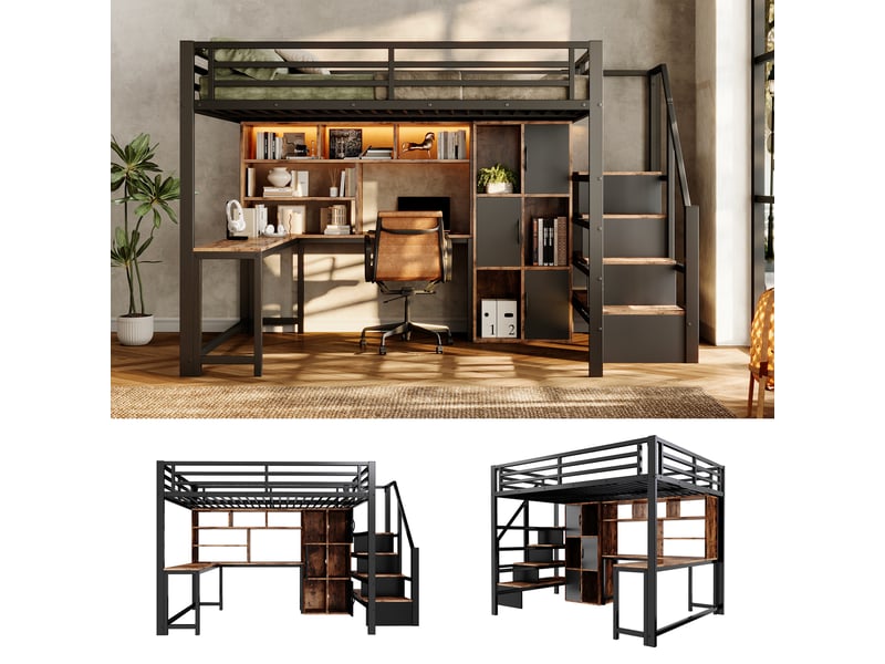  Lit mezzanine 140 x 200 cm - avec échelle de rangement - avec compartiments de rangement - avec bande lumineuse led - blanc (matelas non inclus)  - Conforama E