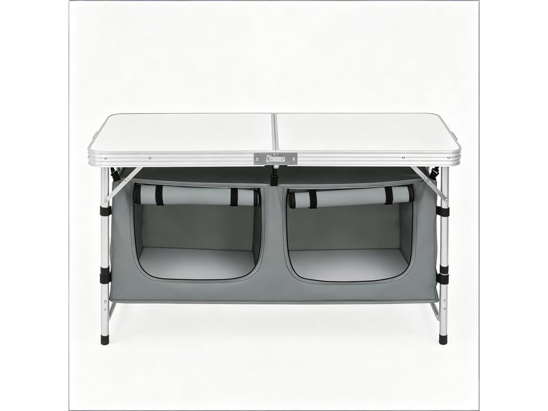  Table de pique-nique pliante, pieds réglables, table camping extérieure avec sac de rangement suspendu  - Conforama A