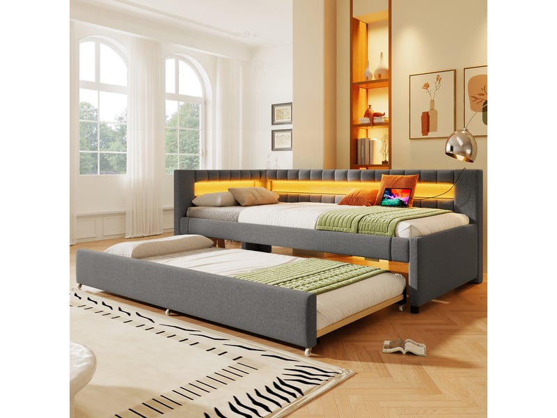  Lit gigogne 90x200 cm en lin avec lit d’appoint coulissant, éclairage led, ports usb et usb-c - gris  - Conforama B