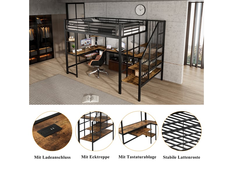  Lit mezzanine 120x200 cm avec ports de recharge, cadre de lit en métal avec échelle d'angle, lit 1 personne, noir + bois foncé  - Conforama R