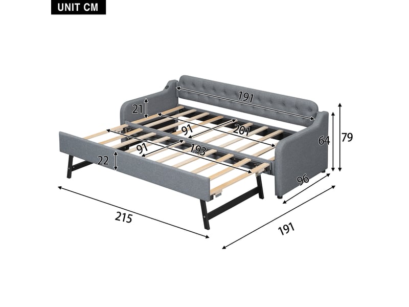  Canapé lit 90x200 en lin gris avec lit gigogne extensible et port usb intégré  - Conforama C