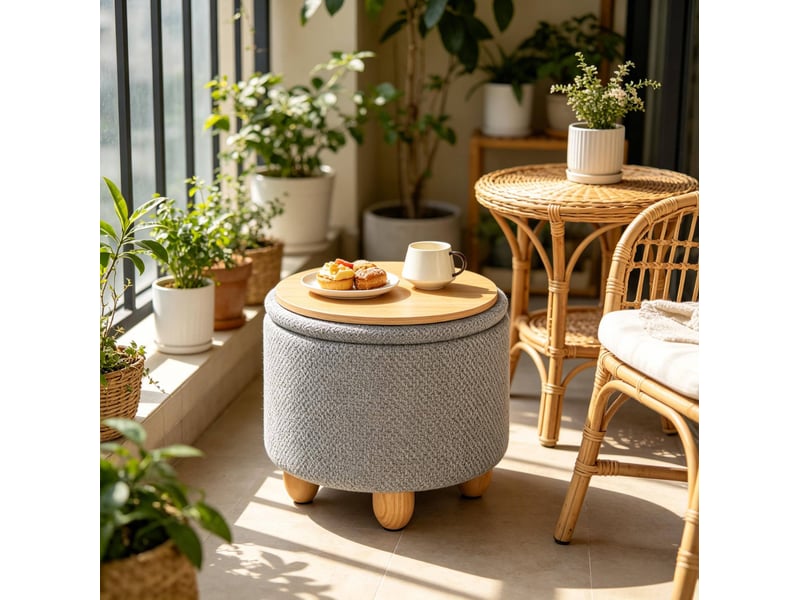  Fauteuil pouf de rangement avec plateau et structure stable, pour salon et entrée, en lin et mdf, gris clair  - Conforama D