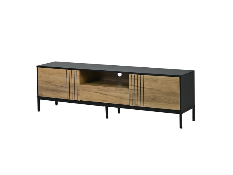  Meuble tv bas 170 cm bois et noir, banc tv avec 2 portes et 1 tiroir, console tv pour écran 70 pouces, meuble de salon  - Conforama A