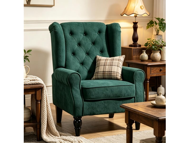  Fauteuil à oreilles capitonné avec assise large et dossier rembourré, pieds en bois d'eucalyptus, tissu vert foncé  - Conforama B