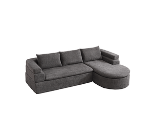 Canapé d'angle en l avec méridienne anthracite, chenille 3 places, accoudoir à niveaux