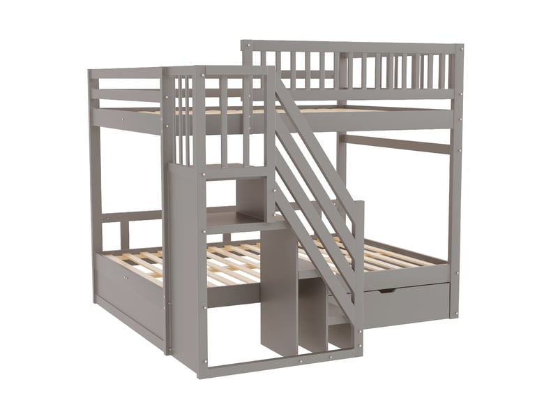  Lit superposé avec escalier-rangement, bois massif gris, 140x200 cm, barrières hautes et tiroirs  - Conforama D
