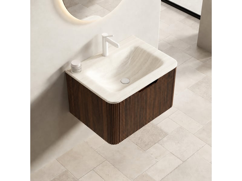  Meuble vasque suspendu 60 cm avec vasque intégrée en pierre frittée effet travertin, finition noyer  - Conforama B