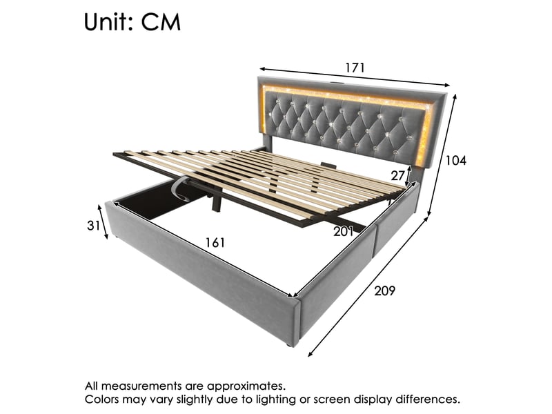 Lit coffre double 160 x 200 cm en velours gris avec led, ports usb et usb-c, matelas inclus - Conforama E